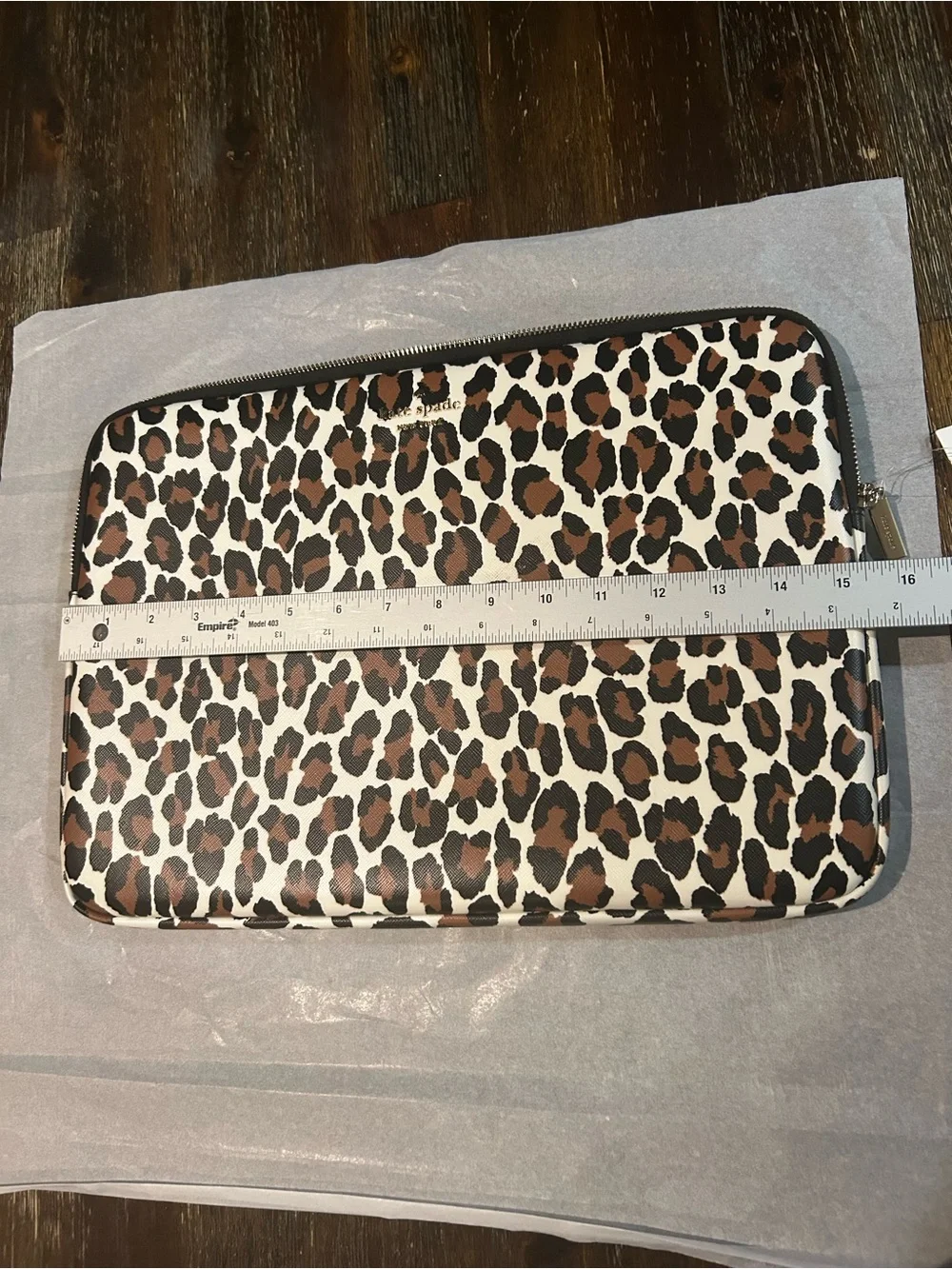 NWT kate spade leather leopard print ivory laptop case/bag with gold zip closure